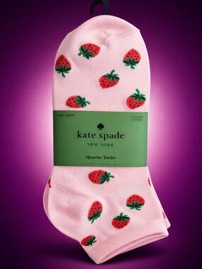 KATE SPADE Strawberry Print Quarter Socks Pink Novelty Crew Fruit Socks 3 Pair